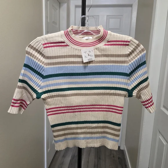 ONLY Striped Ribbed Knit Short Sleeve Top Multicolor Slim Fit Stretch Casual NWT - Picture 2 of 10